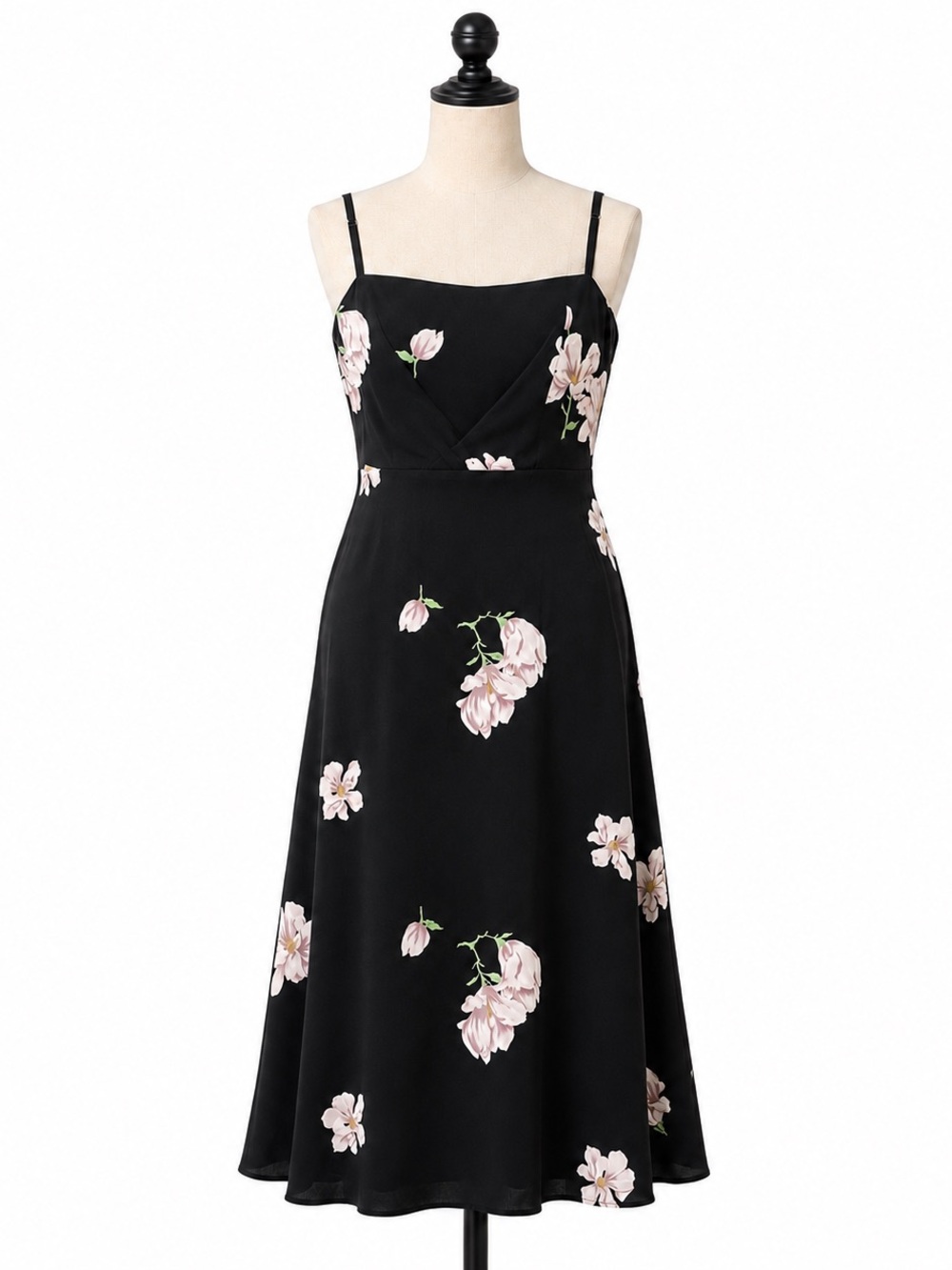 Reformation Classic Black Floral Midi Dress with Pink Blossoms